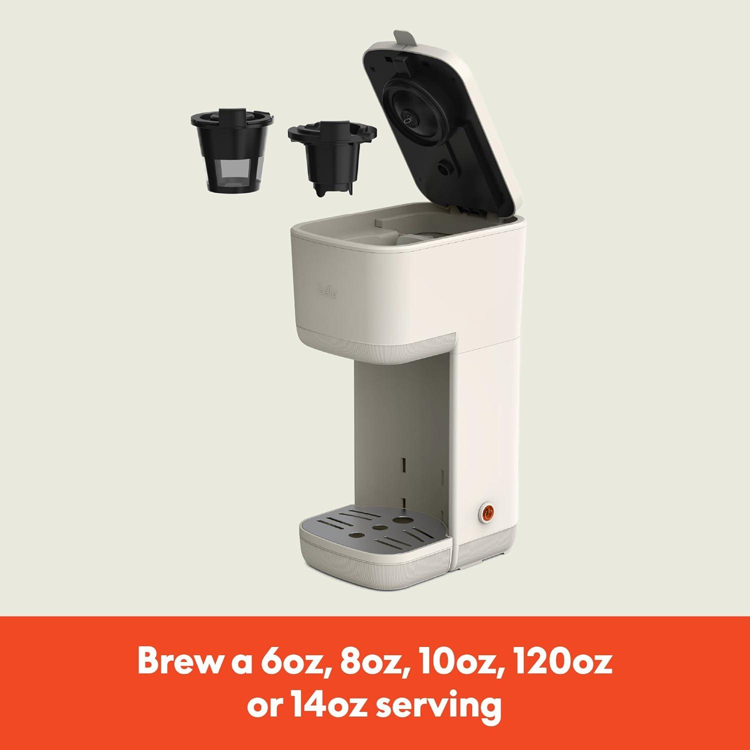 imageBELLA Single Serve Coffee Maker K Cup ampamp Coffee Ground Compatible with Removable Adjustable Drip Tray Auto Shutoff ampamp Reusable Dishwasher Safe Accessories Brews 6oz to 14oz 1000 Watt BlossomOatmilk