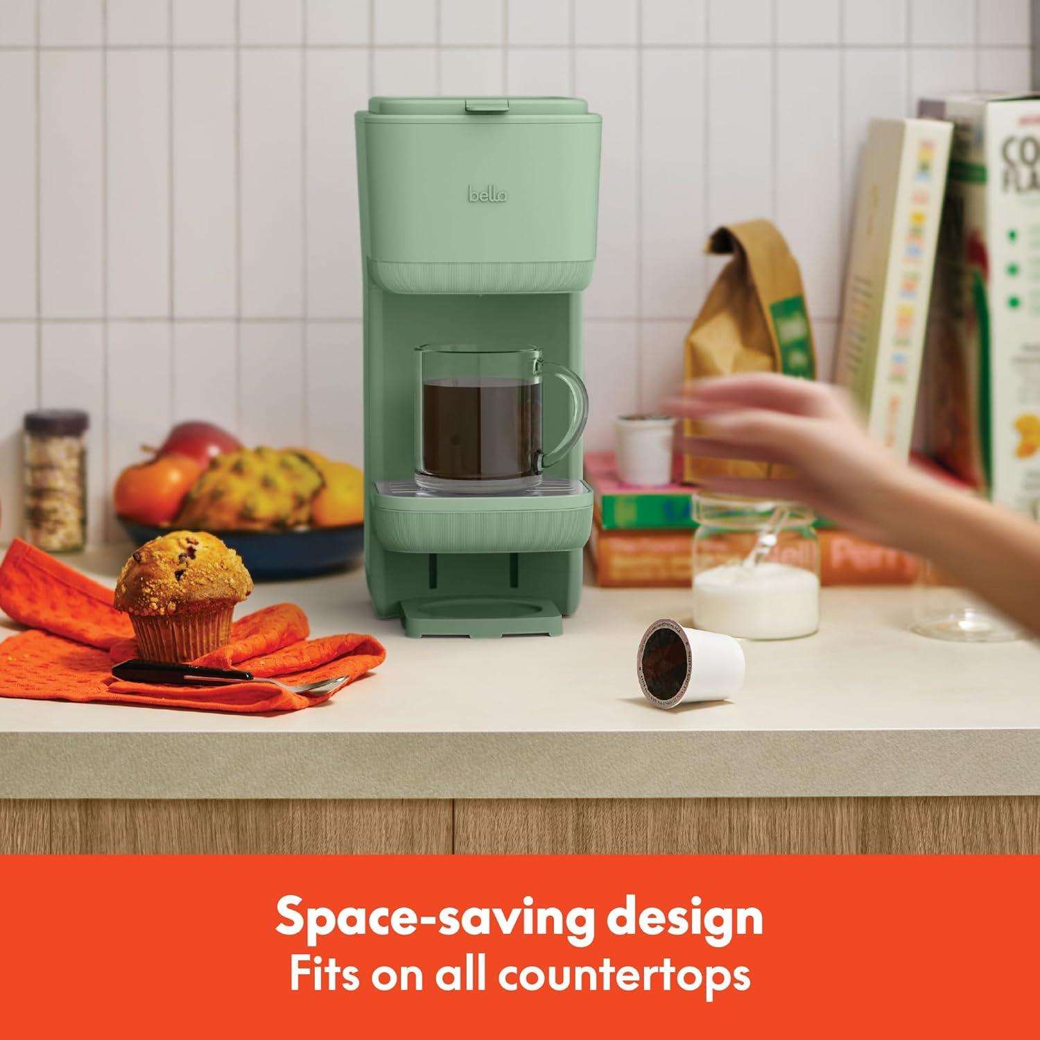 imageBELLA Single Serve Coffee Maker K Cup ampamp Coffee Ground Compatible with Removable Adjustable Drip Tray Auto Shutoff ampamp Reusable Dishwasher Safe Accessories Brews 6oz to 14oz 1000 Watt BlossomSeaglass