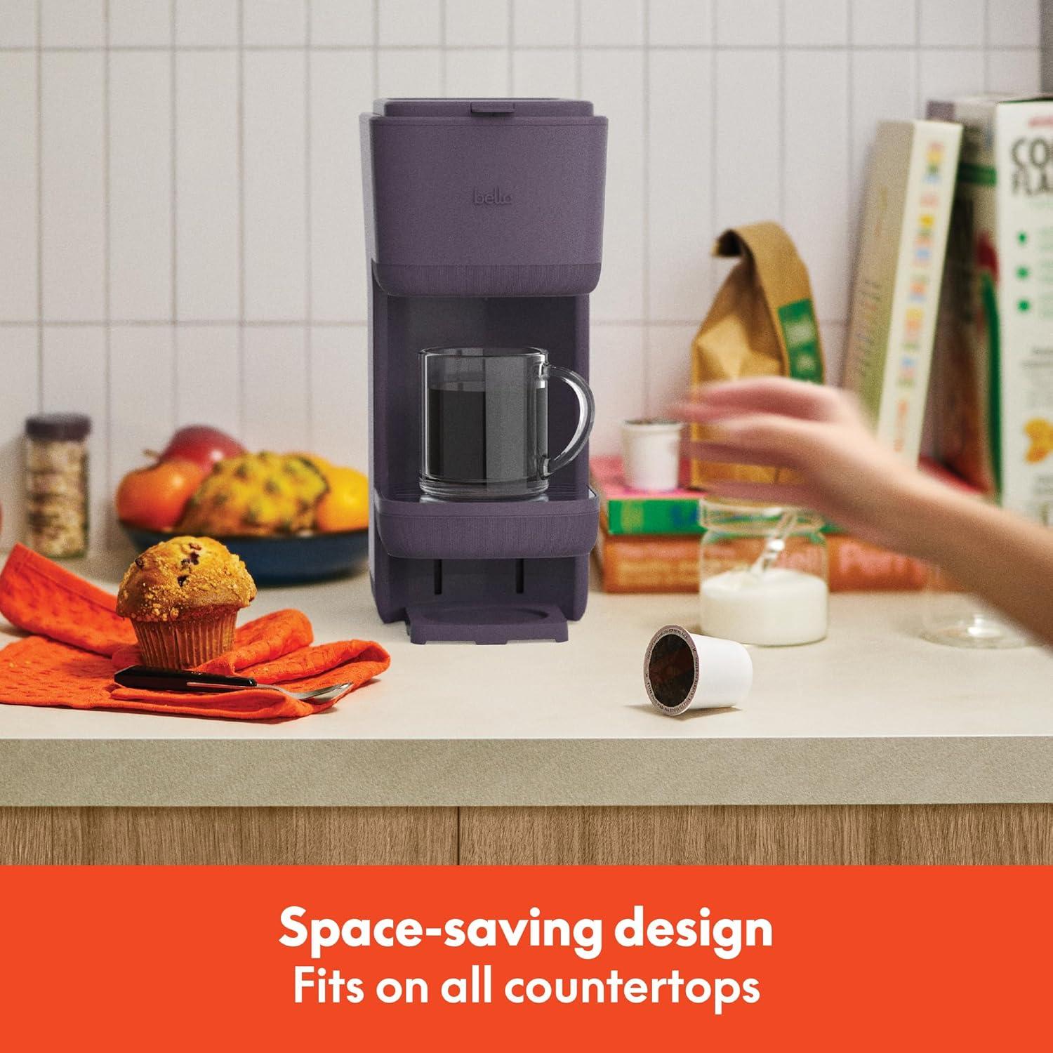 imageBELLA Single Serve Coffee Maker K Cup ampamp Coffee Ground Compatible with Removable Adjustable Drip Tray Auto Shutoff ampamp Reusable Dishwasher Safe Accessories Brews 6oz to 14oz 1000 Watt BlossomPlum
