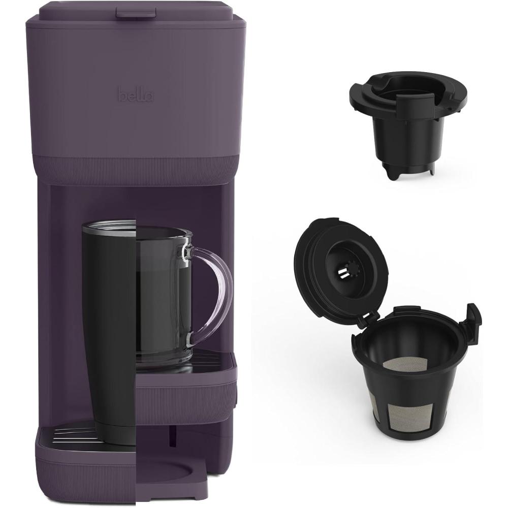 imageBELLA Single Serve Coffee Maker K Cup ampamp Coffee Ground Compatible with Removable Adjustable Drip Tray Auto Shutoff ampamp Reusable Dishwasher Safe Accessories Brews 6oz to 14oz 1000 Watt BlossomPlum