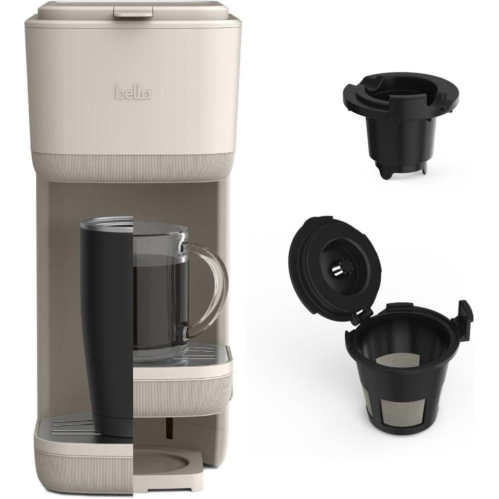 imageBELLA Single Serve Coffee Maker K Cup ampamp Coffee Ground Compatible with Removable Adjustable Drip Tray Auto Shutoff ampamp Reusable Dishwasher Safe Accessories Brews 6oz to 14oz 1000 Watt BlossomOatmilk