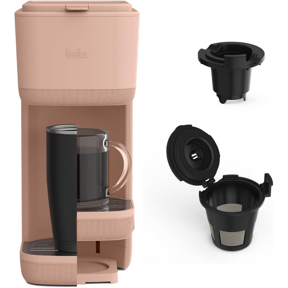 imageBELLA Single Serve Coffee Maker K Cup ampamp Coffee Ground Compatible with Removable Adjustable Drip Tray Auto Shutoff ampamp Reusable Dishwasher Safe Accessories Brews 6oz to 14oz 1000 Watt BlossomBlossom