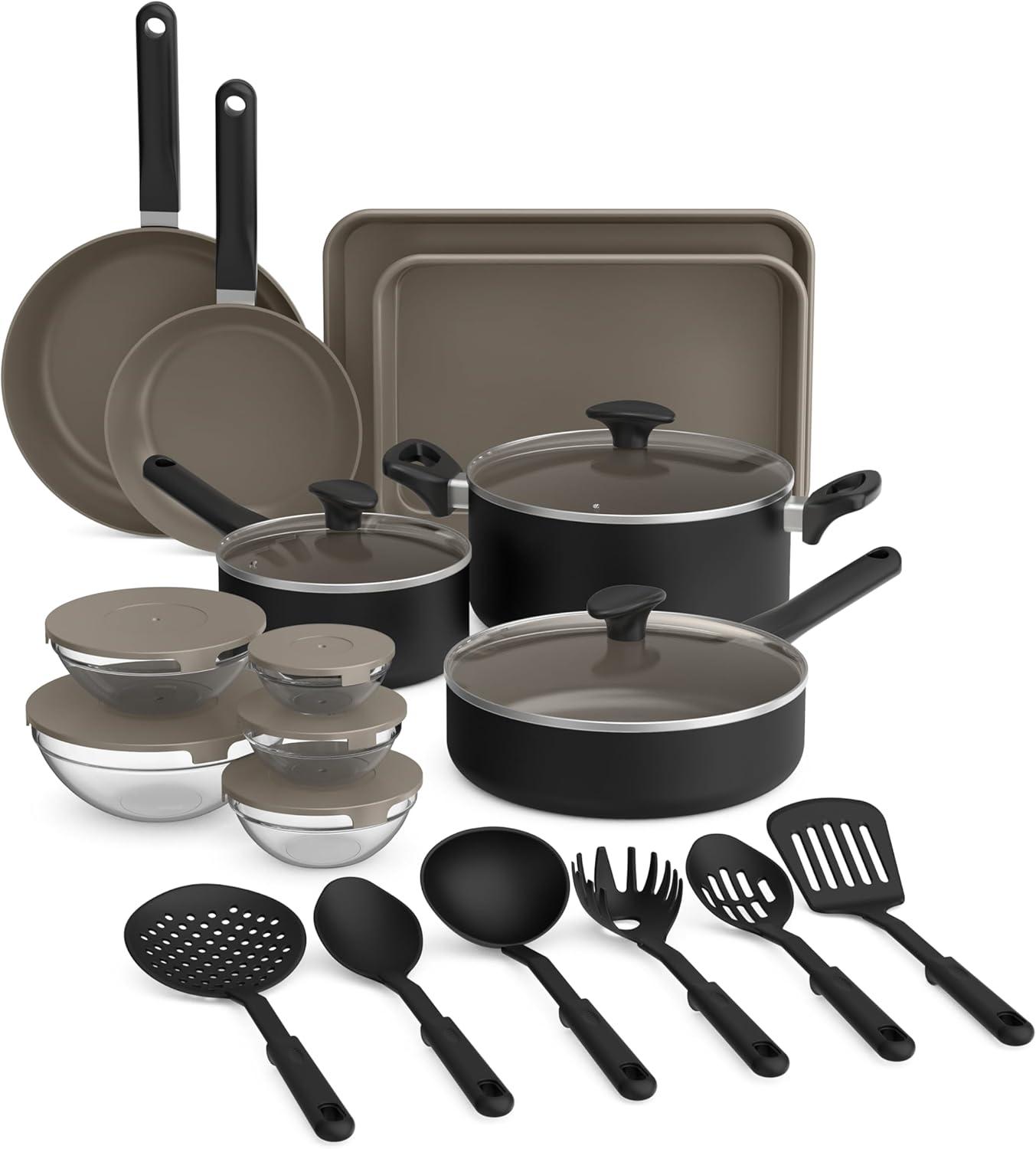 imagebella 21 Piece Kitchen Set with EverGood Ceramic Nonstick Coating Dishwasher ampamp Oven Safe All Stovetops Compatible Tempered Glass Lids ampamp Cool Touch Handles BlackBlack