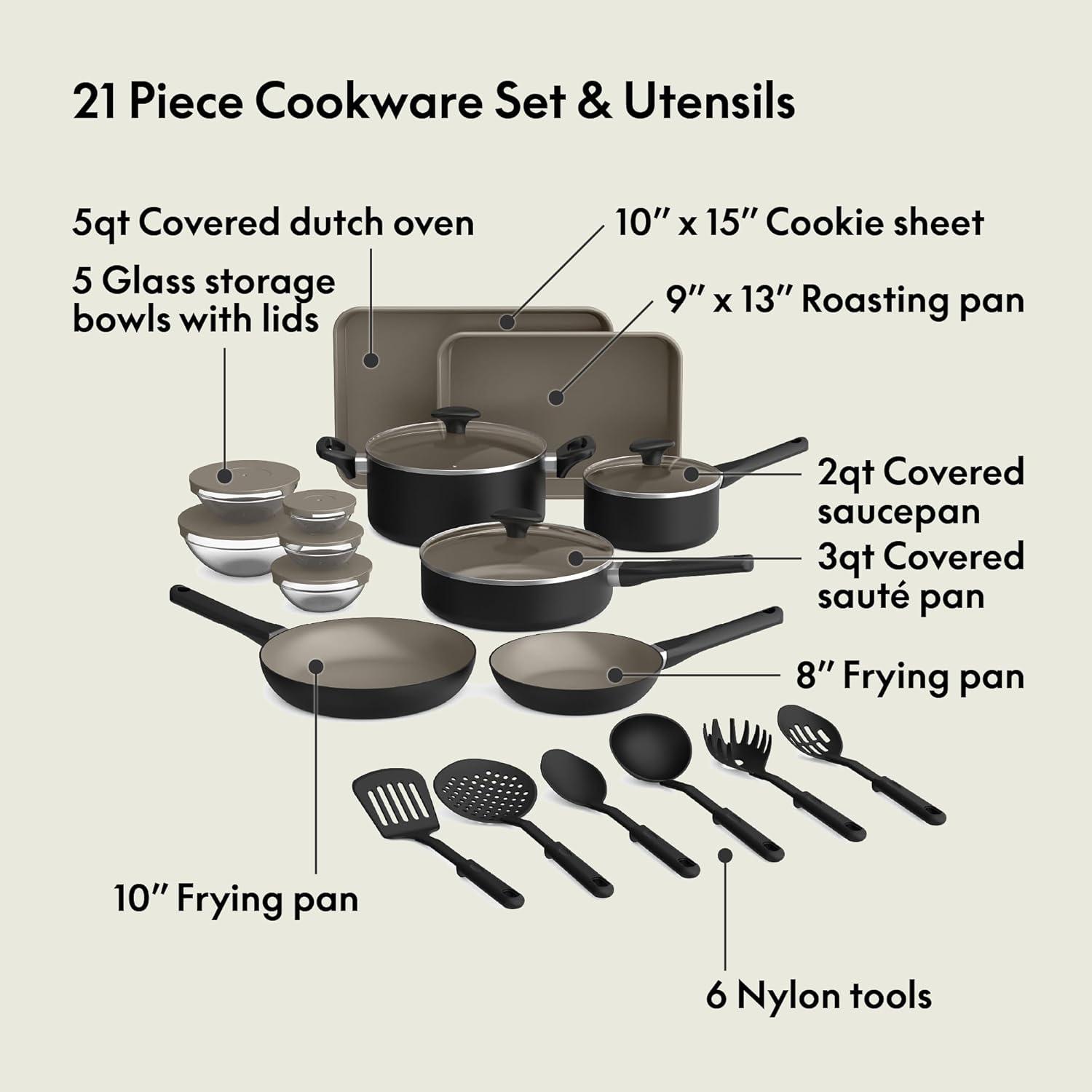 imagebella 21 Piece Kitchen Set with EverGood Ceramic Nonstick Coating Dishwasher ampamp Oven Safe All Stovetops Compatible Tempered Glass Lids ampamp Cool Touch Handles BlackBlack