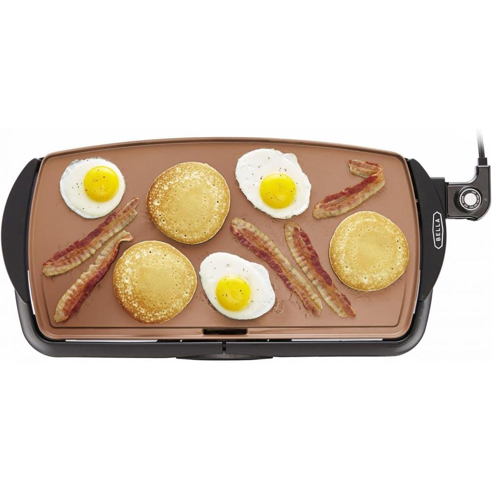 imagebella 10quot x 20quot Electric Griddle with Warming Tray EverGood Ceramic Nonstick Coating ampamp Removable Temperature Probe DishwasherSafe Drip Tray ampamp Cool Touch Handles 1500 Watt OatmilkCopper