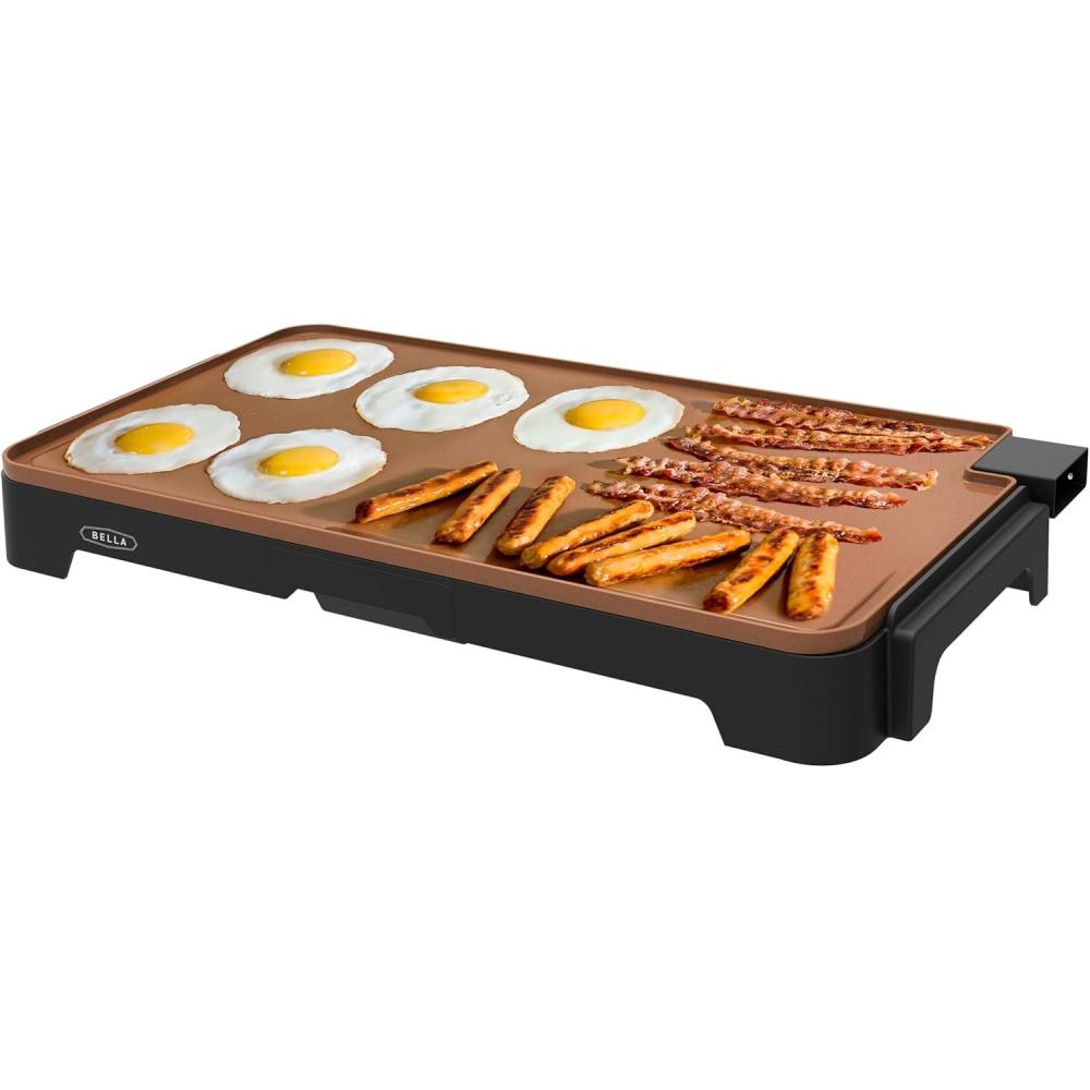 imagebella 12quot x 22quot Electric Griddle with Warming Tray EverGood Ceramic Nonstick Coating ampamp Removable Temperature Probe DishwasherSafe Drip Tray ampamp Cool Touch Handles 1500 Watt OatmilkCopper