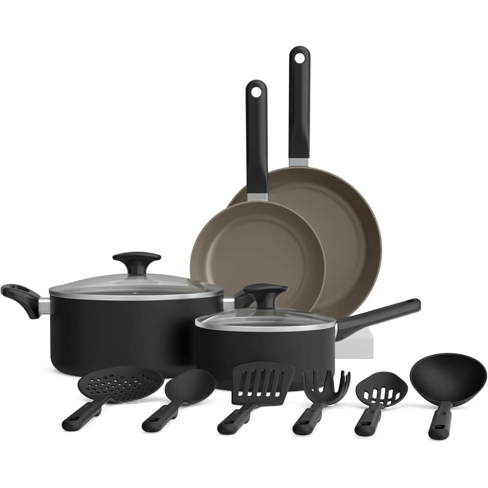 imagebella 21 Piece Kitchen Set with EverGood Ceramic Nonstick Coating Dishwasher ampamp Oven Safe All Stovetops Compatible Tempered Glass Lids ampamp Cool Touch Handles BlackBlack
