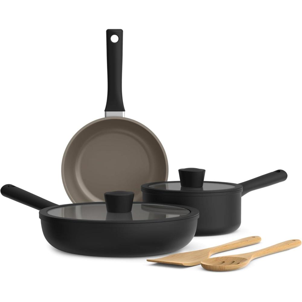 imagebella 7 Piece Cookware Set with EverGood Ceramic Nonstick Coating Dishwasher Safe Oven Safe All Stovetops Compatible Glass Lids with Silicone Rims Cool Touch Handles SeaglassBlack