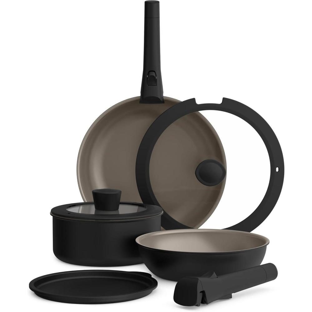 imagebella 8 Piece Removable Handle Cookware Set Fitsanywhere Kitchenware w EverGood Ceramic Nonstick Coating Dishwasher ampamp Oven Safe All Stovetops Compatible Glass Lids with Silicone Rims BlackBlack
