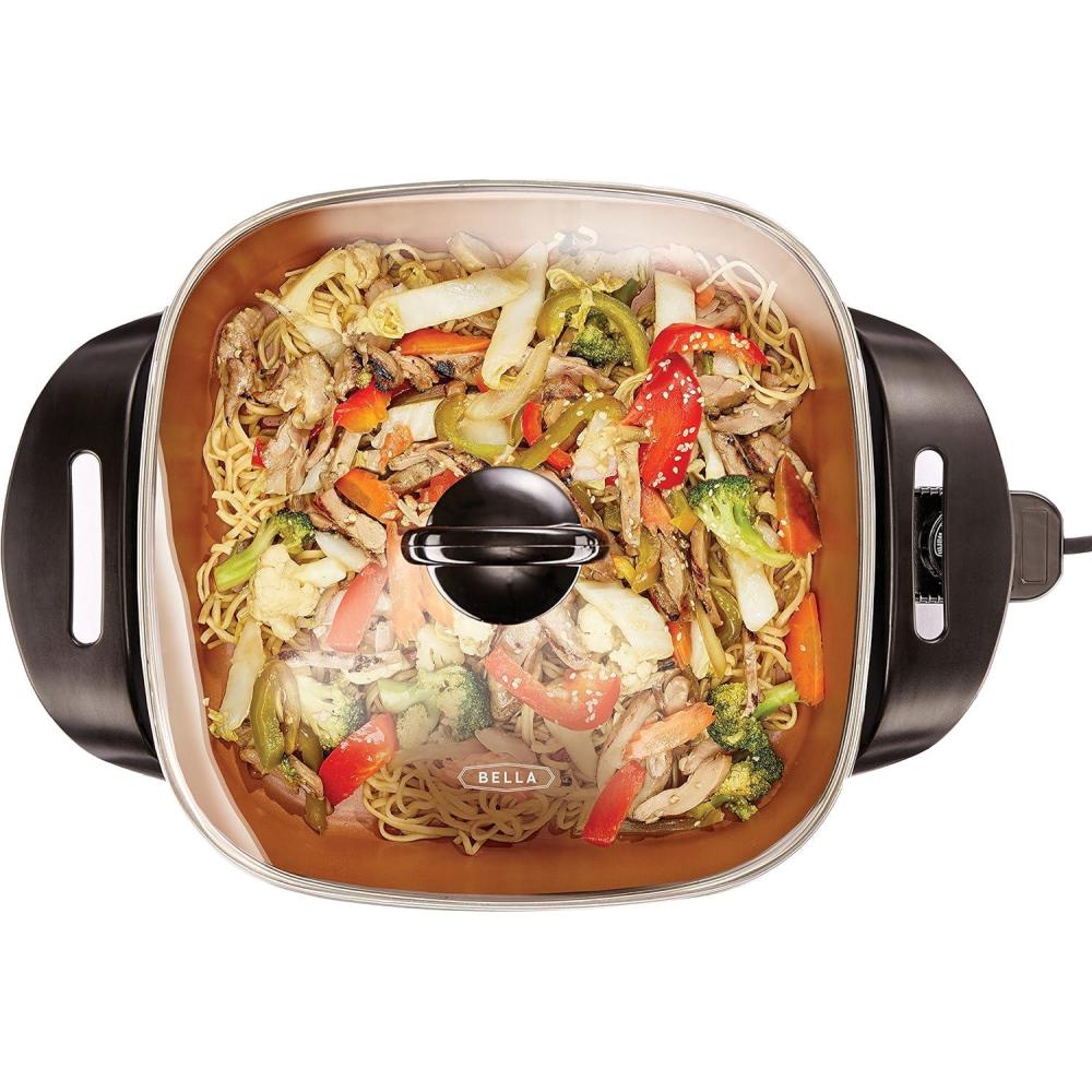 imagebella Make ampamp Take Electric Skillet Fitsanywhere kitchenware EverGood Ceramic Coating Adjustable Temperature ampamp DishwasherSafe Tempered Glass Lid Cast Aluminum Base 1200 Watt OatmilkCopper