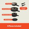bella 8 Piece Removable Handle Cookware Set, Fits-anywhere™ Kitchenware w EverGood™ Ceramic Nonstick Coating​, Dishwasher & Oven Safe, All Stovetops Compatible, Glass Lids with Silicone Rims, Black(Black)