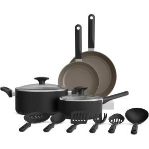 bella 21 Piece Kitchen Set with EverGood™ Ceramic Nonstick Coating​, Dishwasher & Oven Safe, All Stovetops Compatible, Tempered Glass Lids & Cool Touch Handles, Black(Black)