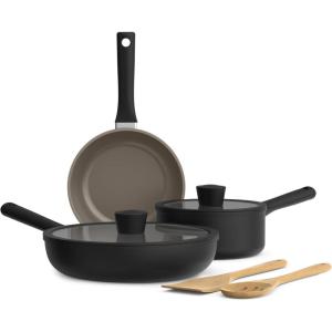 bella 7 Piece Cookware Set with EverGood™ Ceramic Nonstick Coating​, Dishwasher Safe Oven Safe, All Stovetops Compatible, Glass Lids with Silicone Rims, Cool Touch Handles, Seaglass(Black)