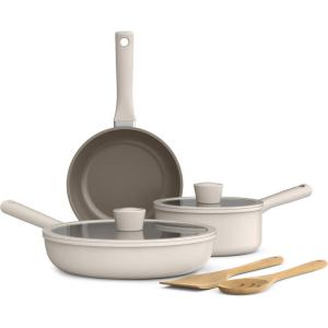 bella 7 Piece Cookware Set with EverGood™ Ceramic Nonstick Coating​, Dishwasher Safe Oven Safe, All Stovetops Compatible, Glass Lids with Silicone Rims, Cool Touch Handles, Seaglass(Oatmilk)