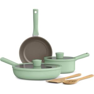 bella 7 Piece Cookware Set with EverGood™ Ceramic Nonstick Coating​, Dishwasher Safe Oven Safe, All Stovetops Compatible, Glass Lids with Silicone Rims, Cool Touch Handles, Seaglass(Seaglass)