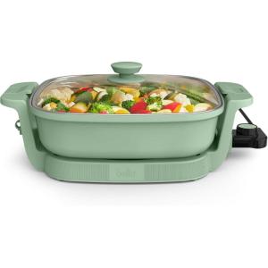bella Make & Take Electric Skillet, Fits-anywhere™ kitchenware, EverGood™ Ceramic Coating, Adjustable Temperature & Dishwasher-Safe Tempered Glass Lid, Cast Aluminum Base, 1200 Watt, Oatmilk(Seaglass)