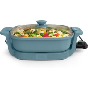 bella Make & Take Electric Skillet, Fits-anywhere™ kitchenware, EverGood™ Ceramic Coating, Adjustable Temperature & Dishwasher-Safe Tempered Glass Lid, Cast Aluminum Base, 1200 Watt, Oatmilk(Surf)
