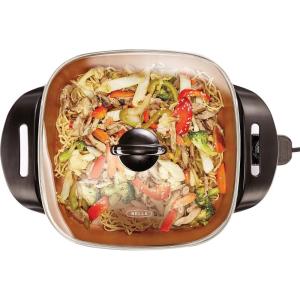 bella Make & Take Electric Skillet, Fits-anywhere™ kitchenware, EverGood™ Ceramic Coating, Adjustable Temperature & Dishwasher-Safe Tempered Glass Lid, Cast Aluminum Base, 1200 Watt, Oatmilk(Copper)
