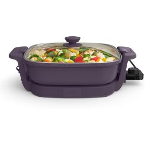 bella Make & Take Electric Skillet, Fits-anywhere™ kitchenware, EverGood™ Ceramic Coating, Adjustable Temperature & Dishwasher-Safe Tempered Glass Lid, Cast Aluminum Base, 1200 Watt, Oatmilk(Plum)