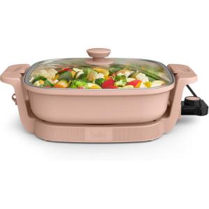 bella Make & Take Electric Skillet, Fits-anywhere™ kitchenware, EverGood™ Ceramic Coating, Adjustable Temperature & Dishwasher-Safe Tempered Glass Lid, Cast Aluminum Base, 1200 Watt, Oatmilk(Blossom)