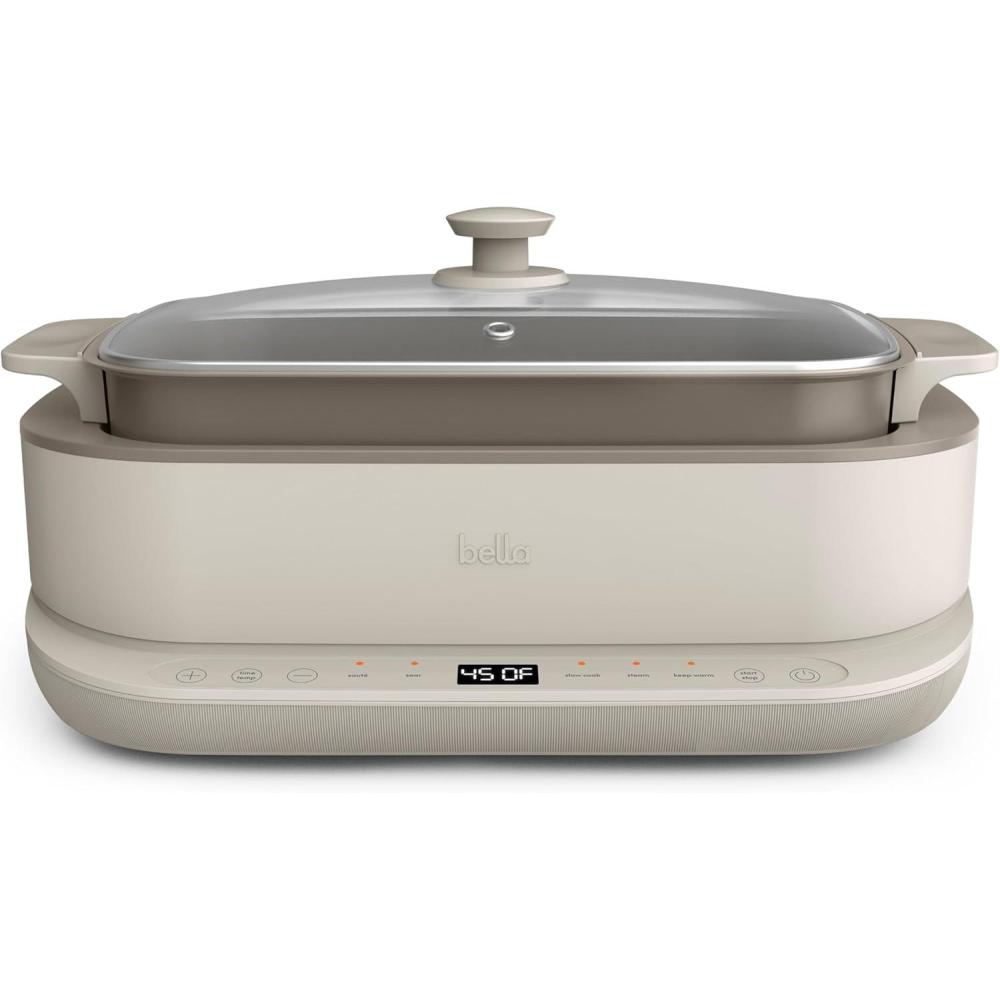 image:imagebella 60 QT MultiCooker Ceramic Nonstick Coating 4in1 Versatility 4 cooking functions Slow Cook Sear Saute Steam Serves 7 people Dishwasher Safe Pot amp Tempered Glass Lid Tangle Free Cord Wrap Oatmilk