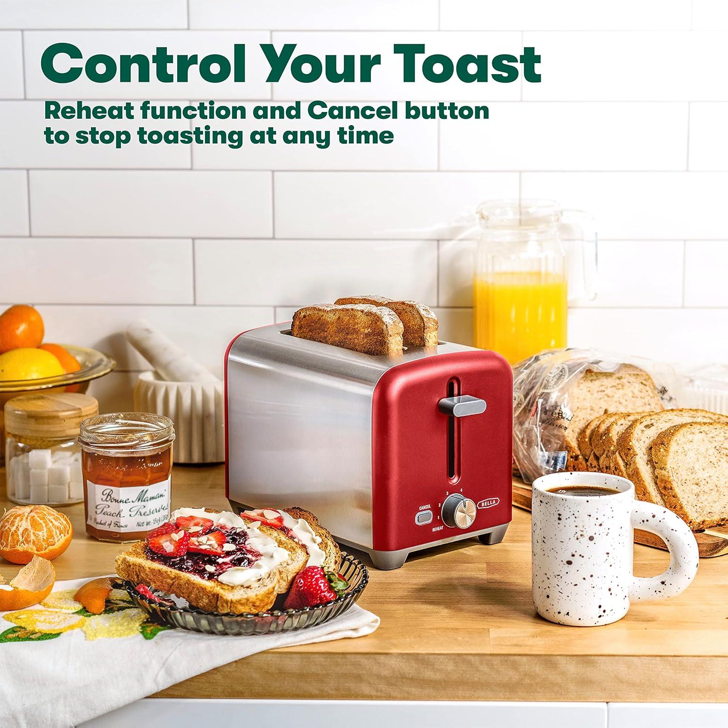 image:imagebella Stainless Steel 2 Slice Toaster with Extra Wide Slots amp Removable Crumb Tray 6 Browning Options Auto Shut Off amp Reheat Function Toast Bread Bagel amp WaffleStainless Steel and Red