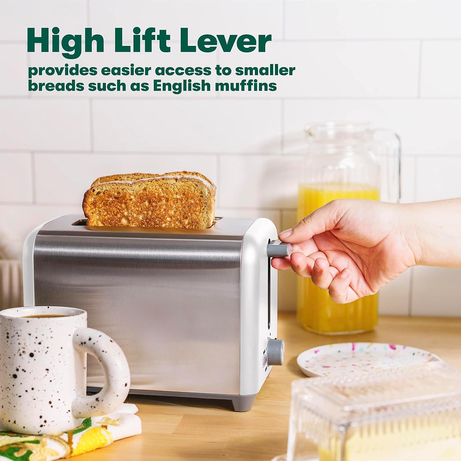 image:imagebella Stainless Steel 2 Slice Toaster with Extra Wide Slots amp Removable Crumb Tray 6 Browning Options Auto Shut Off amp Reheat Function Toast Bread Bagel amp WaffleStainless Steel and White