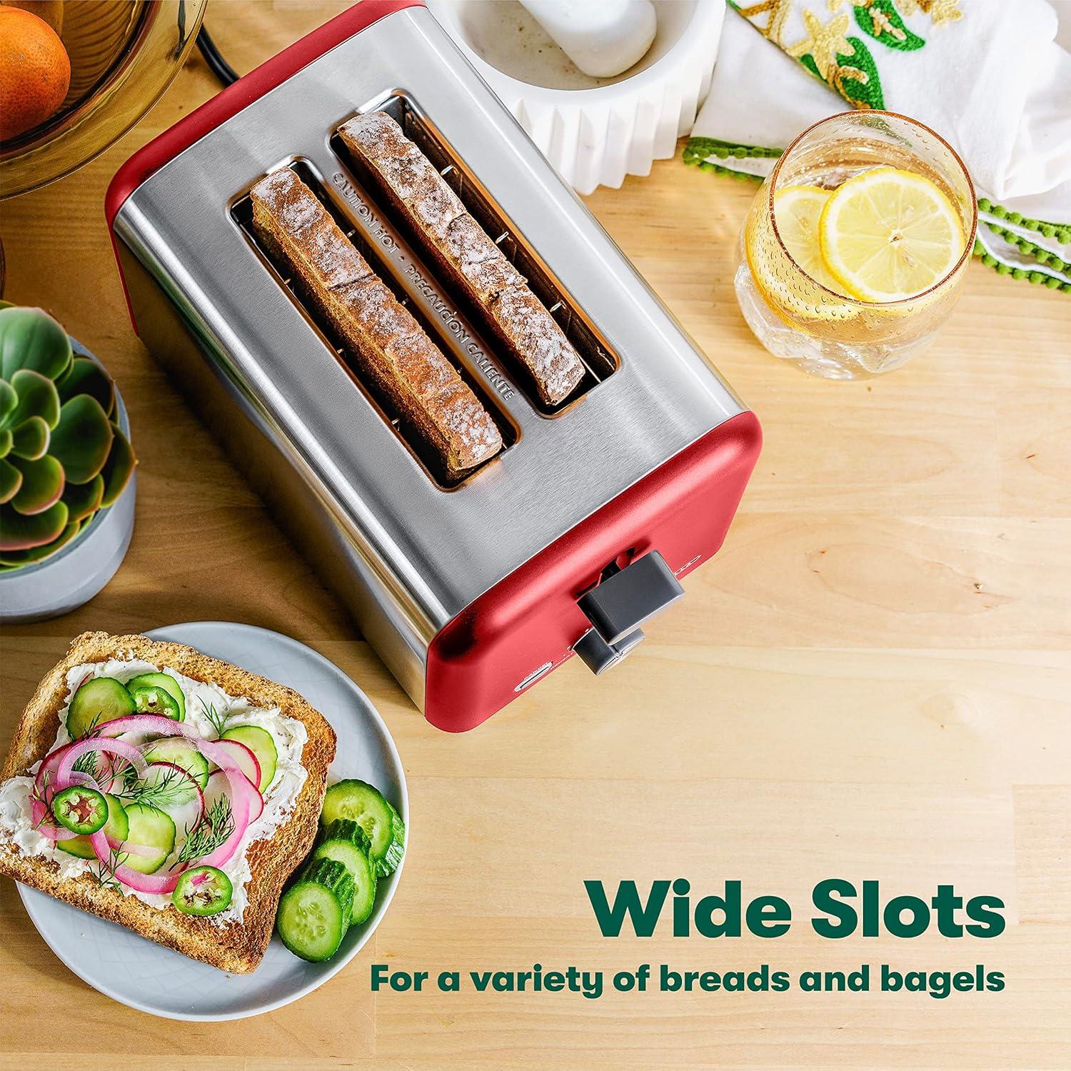 image:imagebella Stainless Steel 2 Slice Toaster with Extra Wide Slots amp Removable Crumb Tray 6 Browning Options Auto Shut Off amp Reheat Function Toast Bread Bagel amp WaffleStainless Steel and Red