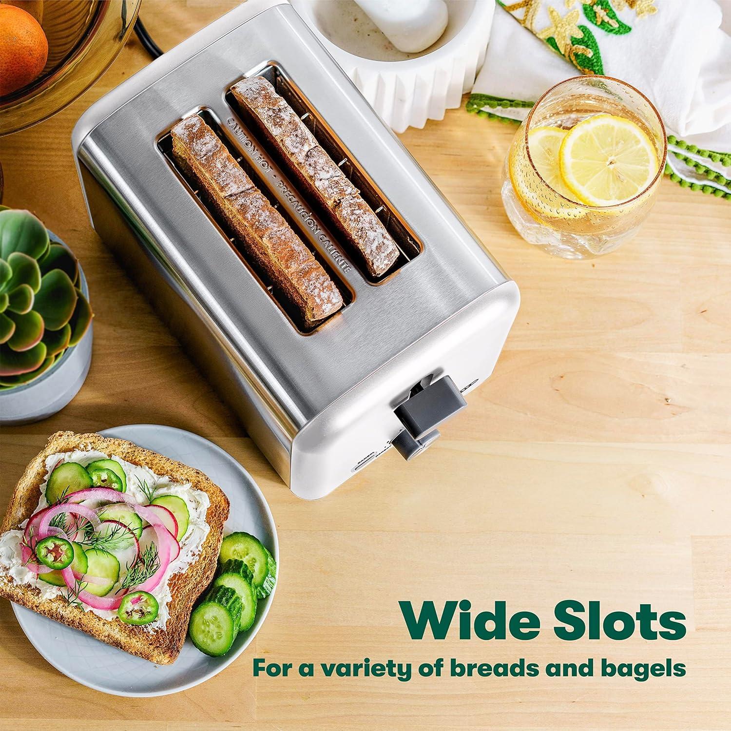 image:imagebella Stainless Steel 2 Slice Toaster with Extra Wide Slots amp Removable Crumb Tray 6 Browning Options Auto Shut Off amp Reheat Function Toast Bread Bagel amp WaffleStainless Steel and White