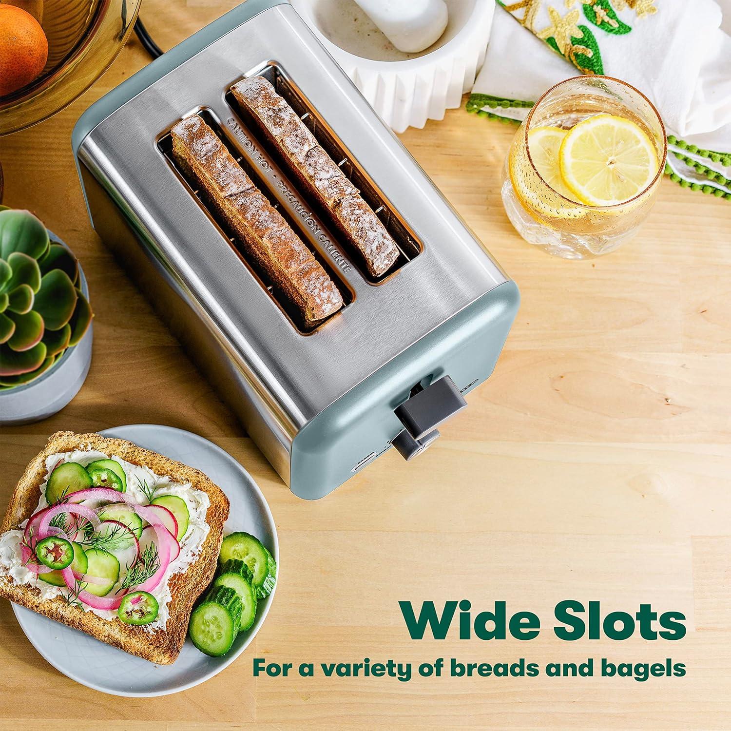image:imagebella Stainless Steel 2 Slice Toaster with Extra Wide Slots amp Removable Crumb Tray 6 Browning Options Auto Shut Off amp Reheat Function Toast Bread Bagel amp WaffleStainless Steel and Aqua