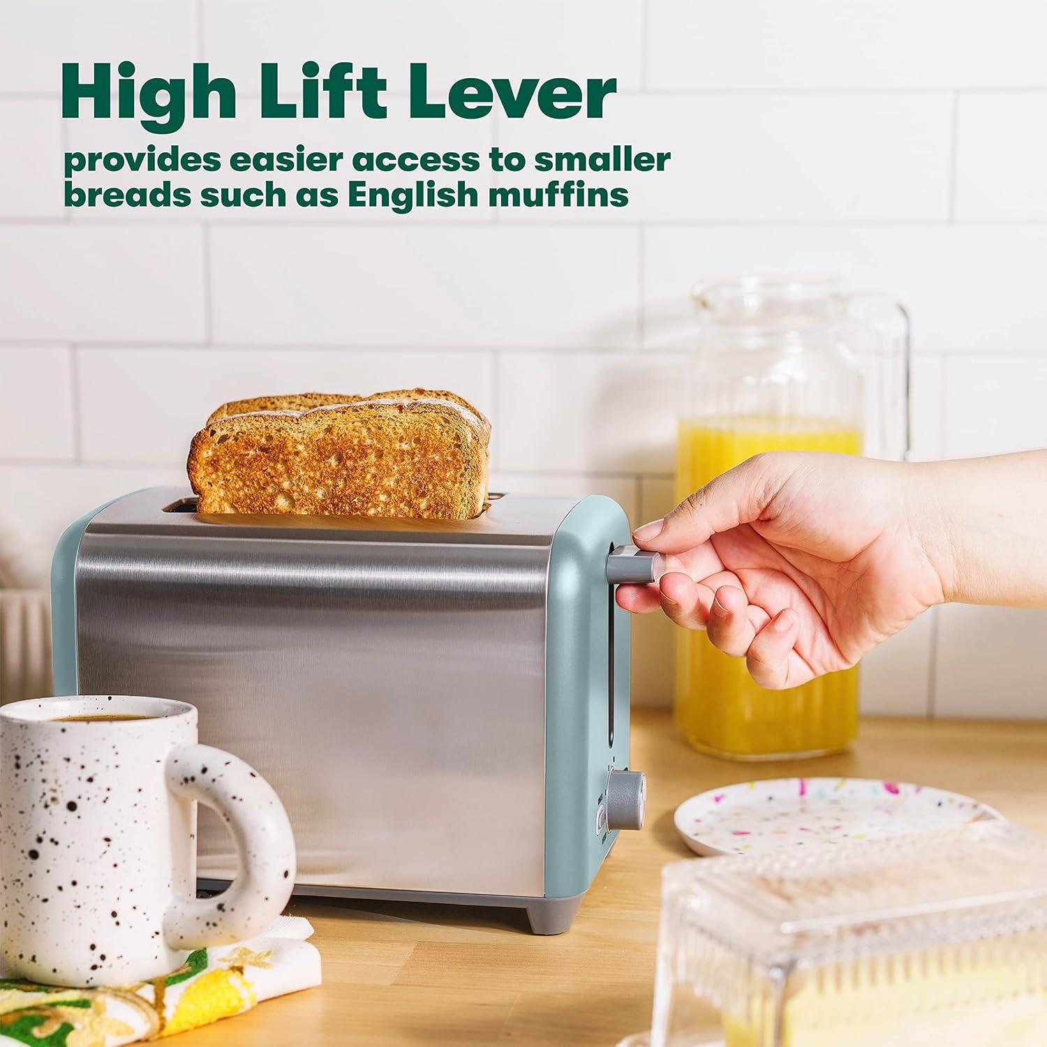 image:imagebella Stainless Steel 2 Slice Toaster with Extra Wide Slots amp Removable Crumb Tray 6 Browning Options Auto Shut Off amp Reheat Function Toast Bread Bagel amp WaffleStainless Steel and Aqua
