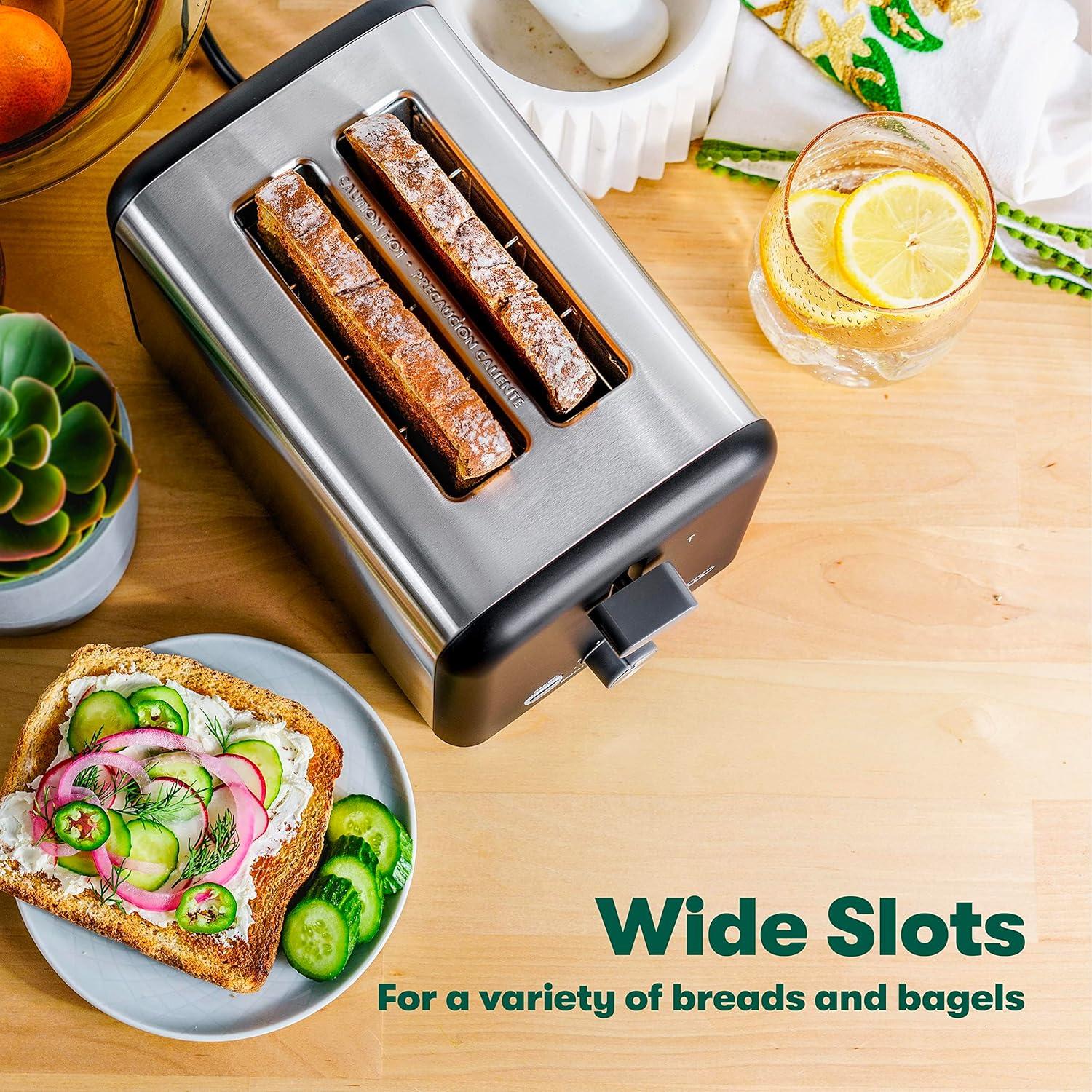 image:imagebella Stainless Steel 2 Slice Toaster with Extra Wide Slots amp Removable Crumb Tray 6 Browning Options Auto Shut Off amp Reheat Function Toast Bread Bagel amp WaffleStainless Steel and Black