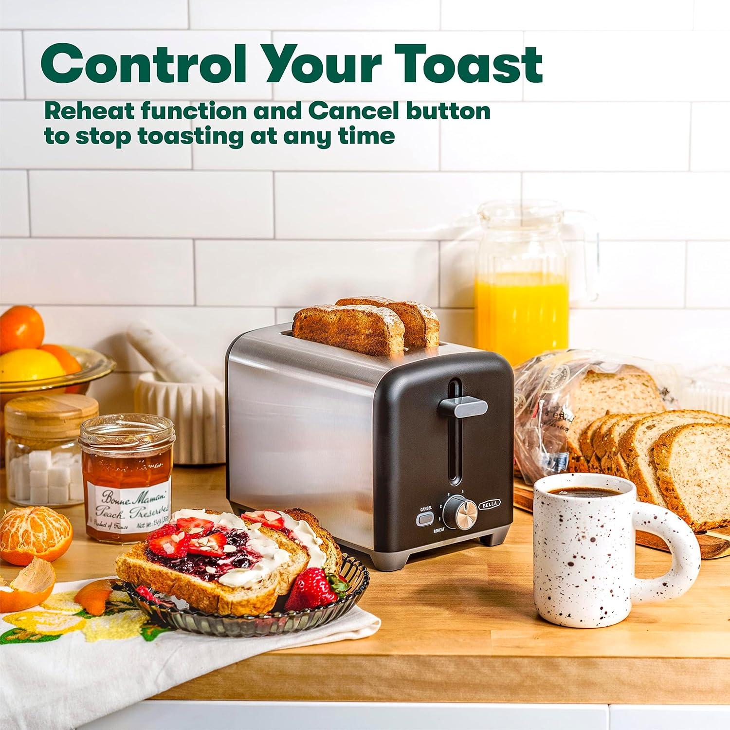 image:imagebella Stainless Steel 2 Slice Toaster with Extra Wide Slots amp Removable Crumb Tray 6 Browning Options Auto Shut Off amp Reheat Function Toast Bread Bagel amp WaffleStainless Steel and Black