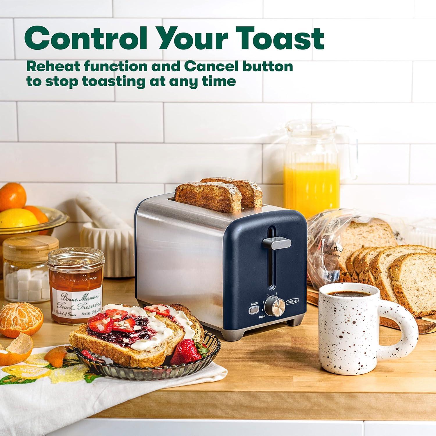 image:imagebella Stainless Steel 2 Slice Toaster with Extra Wide Slots amp Removable Crumb Tray 6 Browning Options Auto Shut Off amp Reheat Function Toast Bread Bagel amp WaffleStainless Steel and Navy