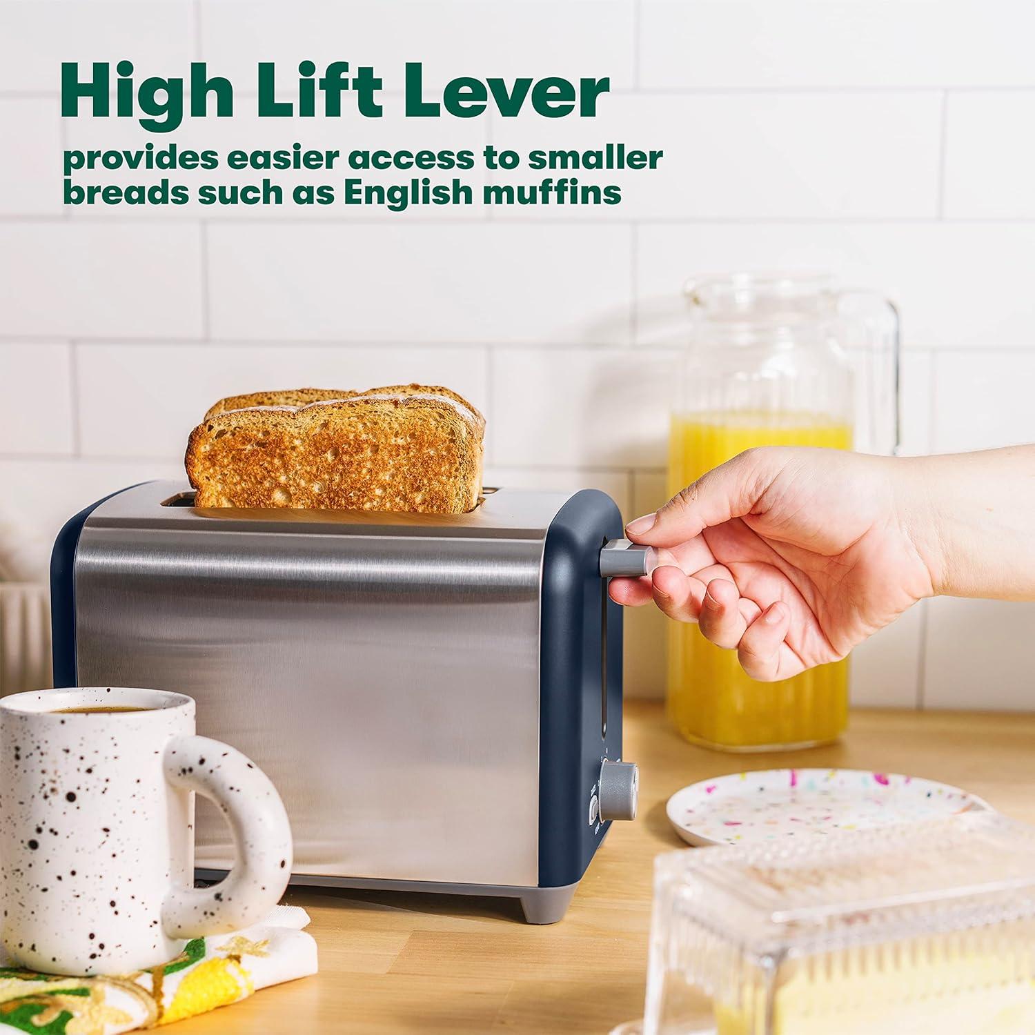 image:imagebella Stainless Steel 2 Slice Toaster with Extra Wide Slots amp Removable Crumb Tray 6 Browning Options Auto Shut Off amp Reheat Function Toast Bread Bagel amp WaffleStainless Steel and Navy