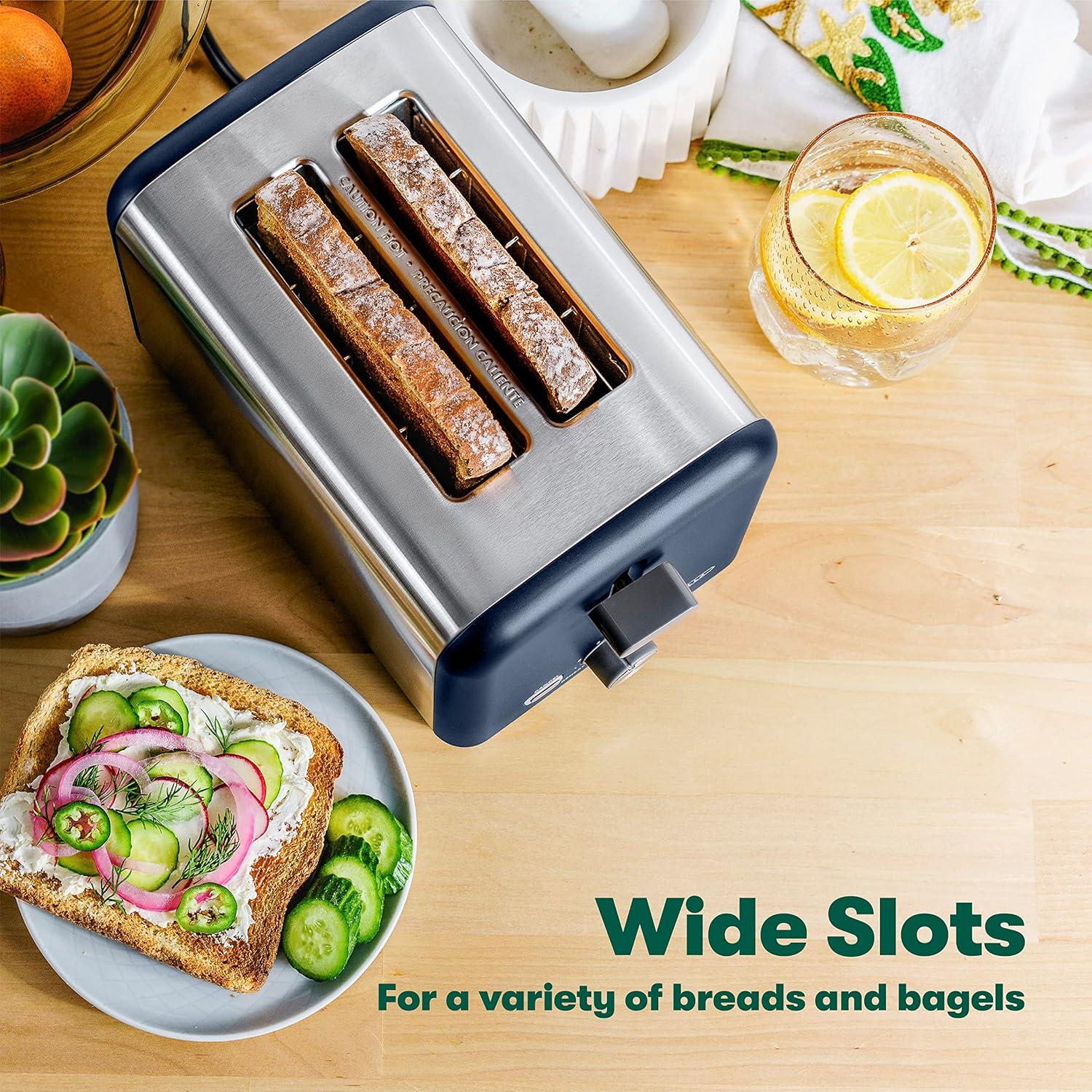 image:imagebella Stainless Steel 2 Slice Toaster with Extra Wide Slots amp Removable Crumb Tray 6 Browning Options Auto Shut Off amp Reheat Function Toast Bread Bagel amp WaffleStainless Steel and Navy