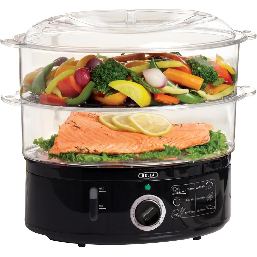 image:imageBELLA Two Tier Food Steamer with Stackable Baskets amp Removable Base for Fast Simultaneous Cooking Auto Shutoff amp Boil Dry Protection 74 QT Black