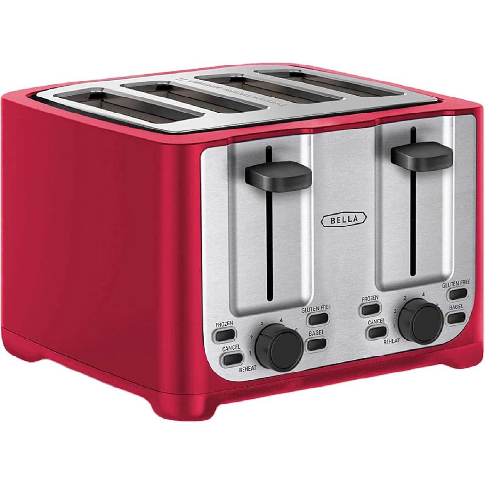 image:imagebella 4 Slice Toaster with Auto Shut Off Extra Wide Slots amp Removable Crumb Tray and Cancel Defrost amp Reheat Function Toast Bread amp Bagel BlackStainless Steel and Red
