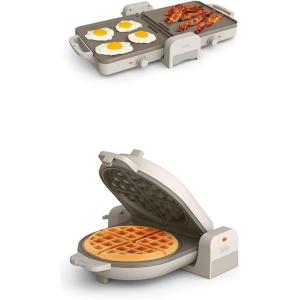 BELLA 10 x 20 in Ceramic Fold-n-Store Dual Temp Griddle + Flip-n-Store Ceramic Waffle Maker, Fits-anywhere™ Kitchenware, EverGood™ Ceramic Nonstick Coating, Breakfast Essentials, Oatmilk