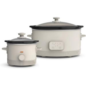 BELLA 1.5 Qt Slow Cooker + 6 Qt Programmable Slow Cooker, EverGood™ Ceramic Nonstick Coating, Adjustable Temperature, Dishwasher Safe Stoneware Pot & Tempered Glass Lid, Cool Touch Handles, Oatmilk