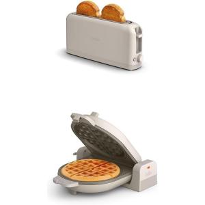 BELLA 2 slice Slim toaster + Flip-n-Store Ceramic Waffle Maker, Fits-anywhere™ Kitchenware, Waffle Iron w with EverGood™ Ceramic Nonstick Coating & Smart Toaster w 6 Shades Control, Oatmilk
