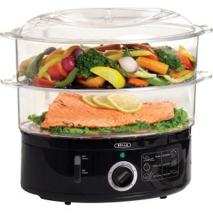 BELLA Two Tier Food Steamer with Stackable Baskets & Removable Base for Fast Simultaneous Cooking – Auto Shutoff & Boil Dry Protection, 7.4 QT, Black