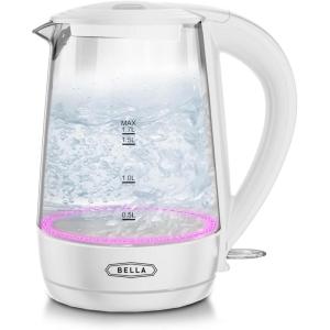 bella 1.7 Liter Glass Electric Kettle, Quickly Boil 7 Cups of Water in 6-7 Minutes, Soft Blue LED Lights Illuminate While Boiling, Cordless Portable Water Heater, Carefree Auto Shut-Off, Black(White / Pink)