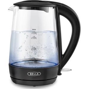 bella 1.7 Liter Glass Electric Kettle, Quickly Boil 7 Cups of Water in 6-7 Minutes, Soft Blue LED Lights Illuminate While Boiling, Cordless Portable Water Heater, Carefree Auto Shut-Off, Black(Black)