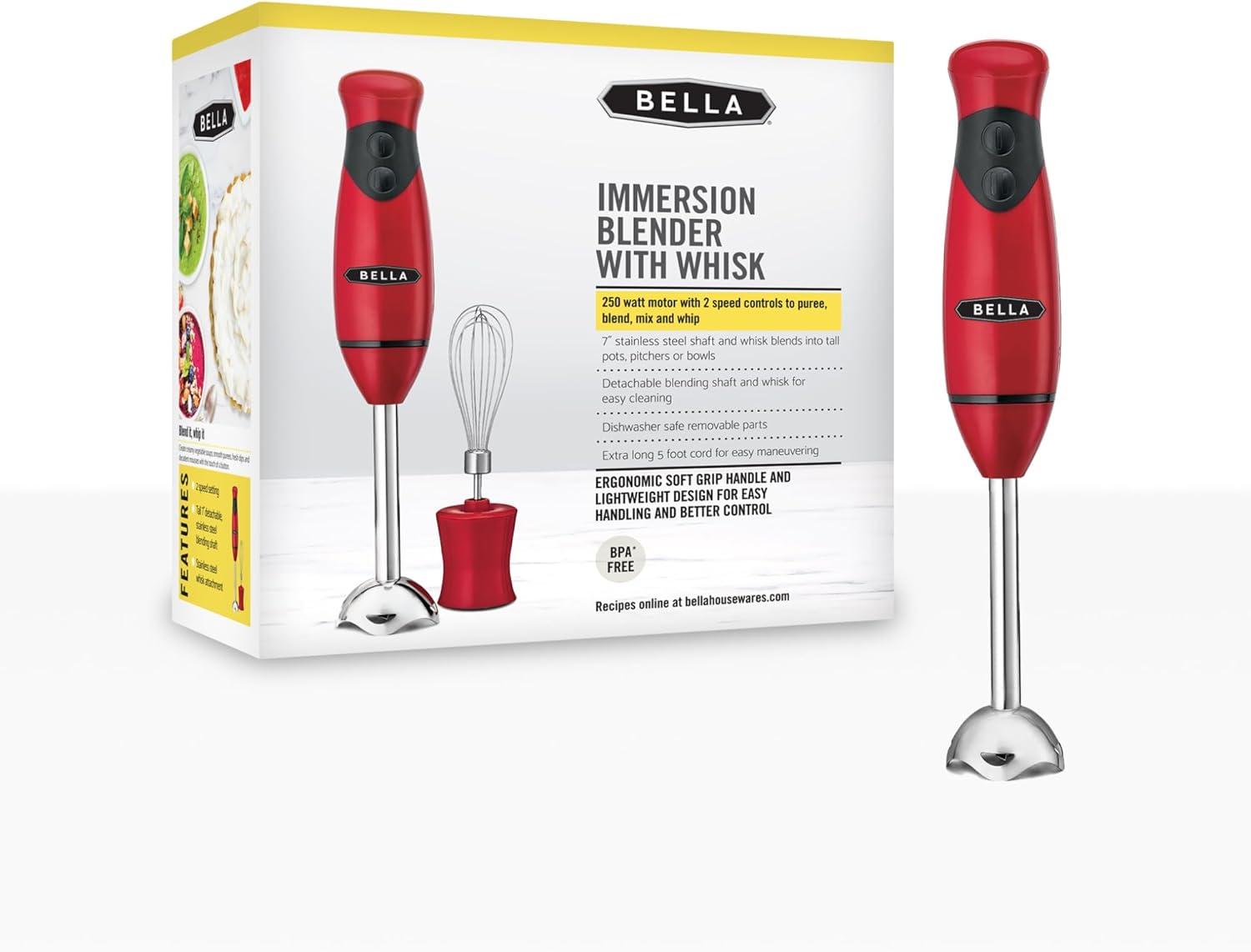 image:imageBELLA Immersion Hand Blender Portable Mixer with Whisk Attachment Electric Handheld Juicer Shakes Baby Food and Smoothie Maker Stainless Steel BlackRed