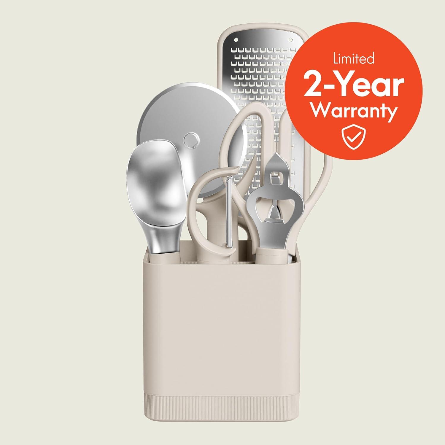 image:imagebella 7 Piece Modular Gadget Set Grater Pizza Cutter Ice Cream Scoop Peeler Shears Bottle Opener Crock with removable divider Dishwasher Safe SlateOatmilk