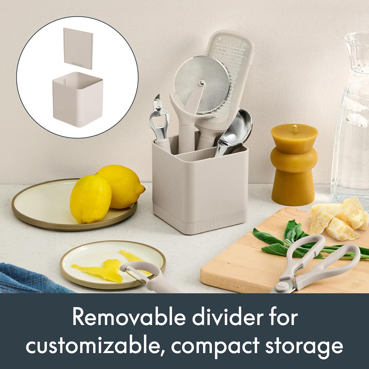 image:imagebella 7 Piece Modular Gadget Set Grater Pizza Cutter Ice Cream Scoop Peeler Shears Bottle Opener Crock with removable divider Dishwasher Safe SlateOatmilk