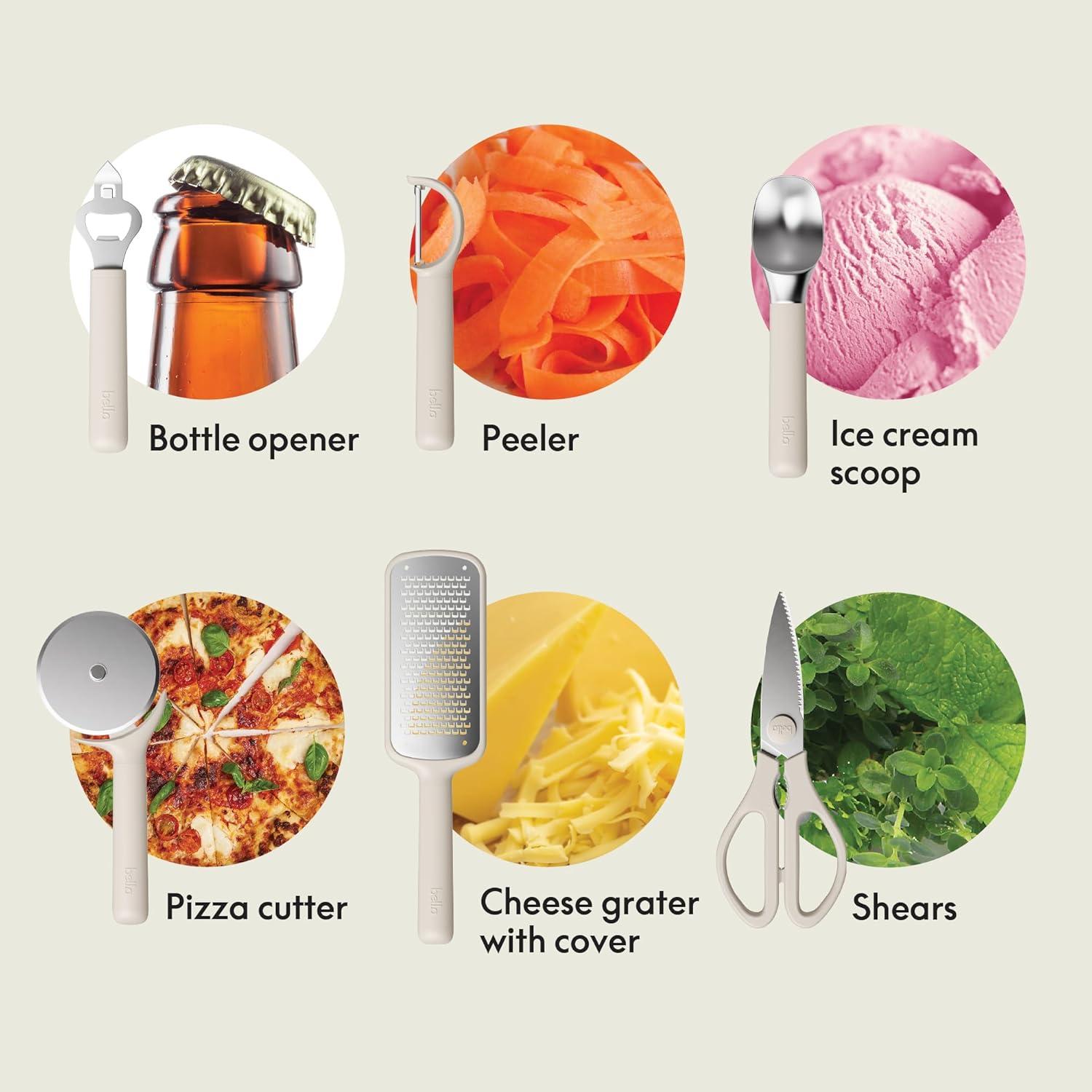 image:imagebella 7 Piece Modular Gadget Set Grater Pizza Cutter Ice Cream Scoop Peeler Shears Bottle Opener Crock with removable divider Dishwasher Safe SlateOatmilk
