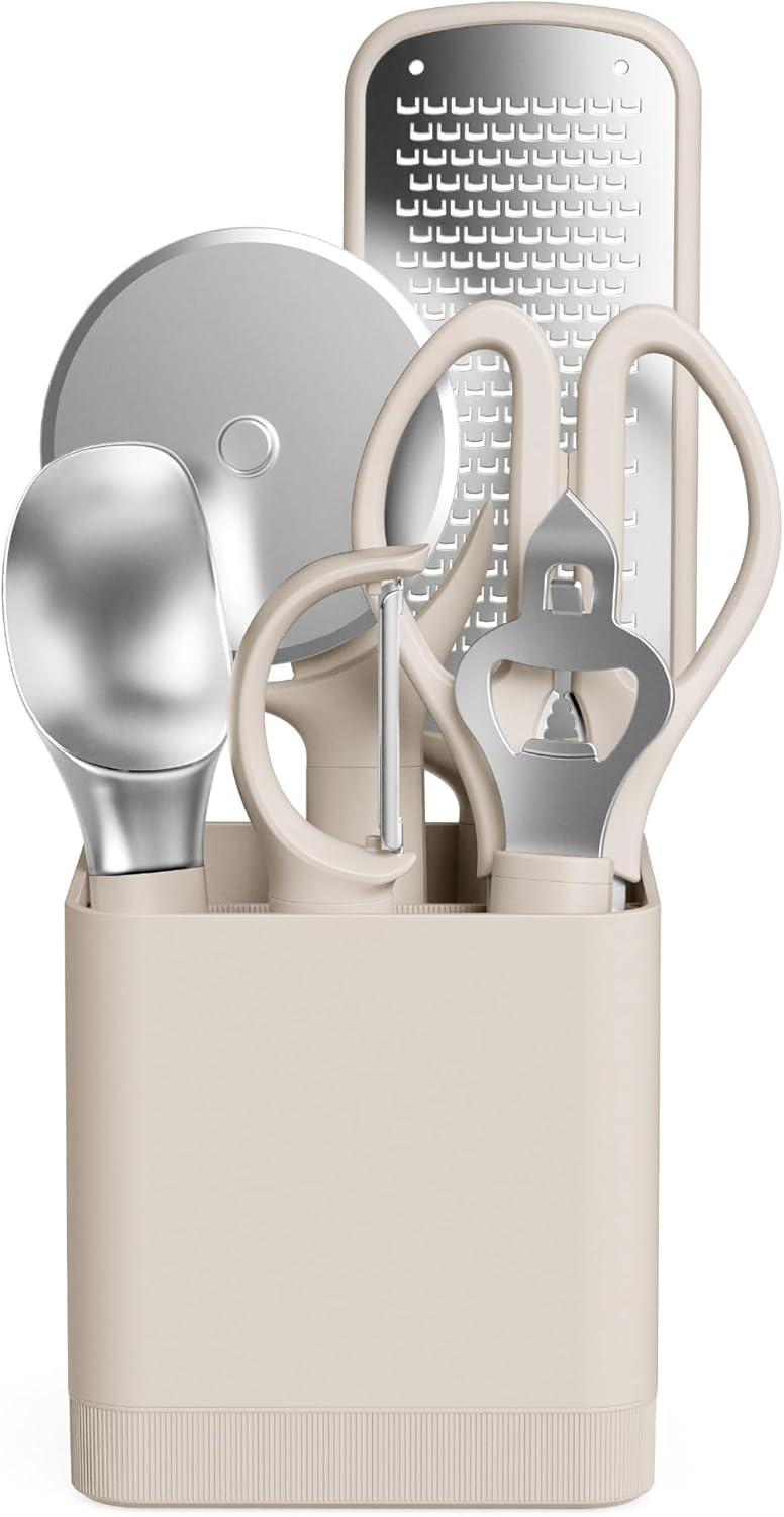 image:imagebella 7 Piece Modular Gadget Set Grater Pizza Cutter Ice Cream Scoop Peeler Shears Bottle Opener Crock with removable divider Dishwasher Safe SlateOatmilk