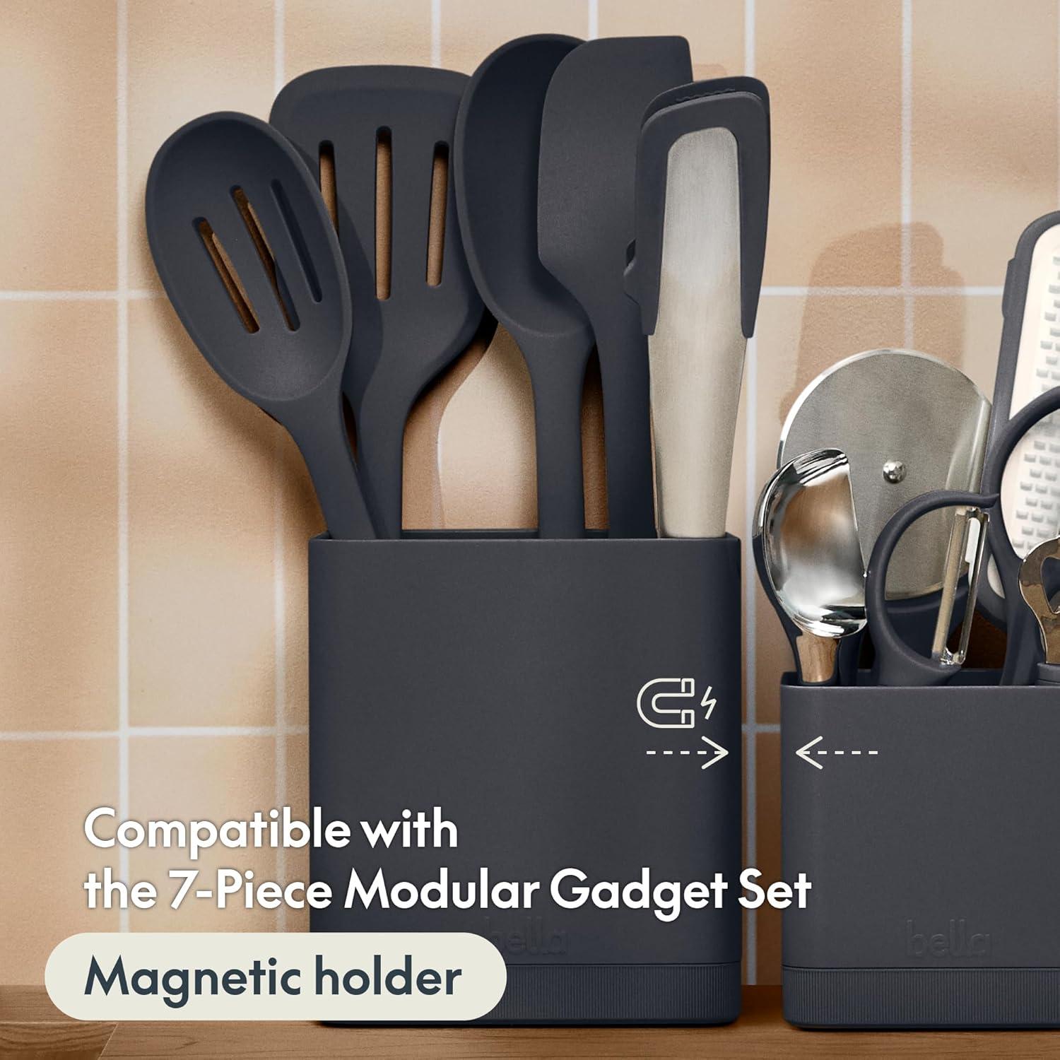 image:imagebella 7 Piece Modular Gadget Set Grater Pizza Cutter Ice Cream Scoop Peeler Shears Bottle Opener Crock with removable divider Dishwasher Safe SlateOatmilk